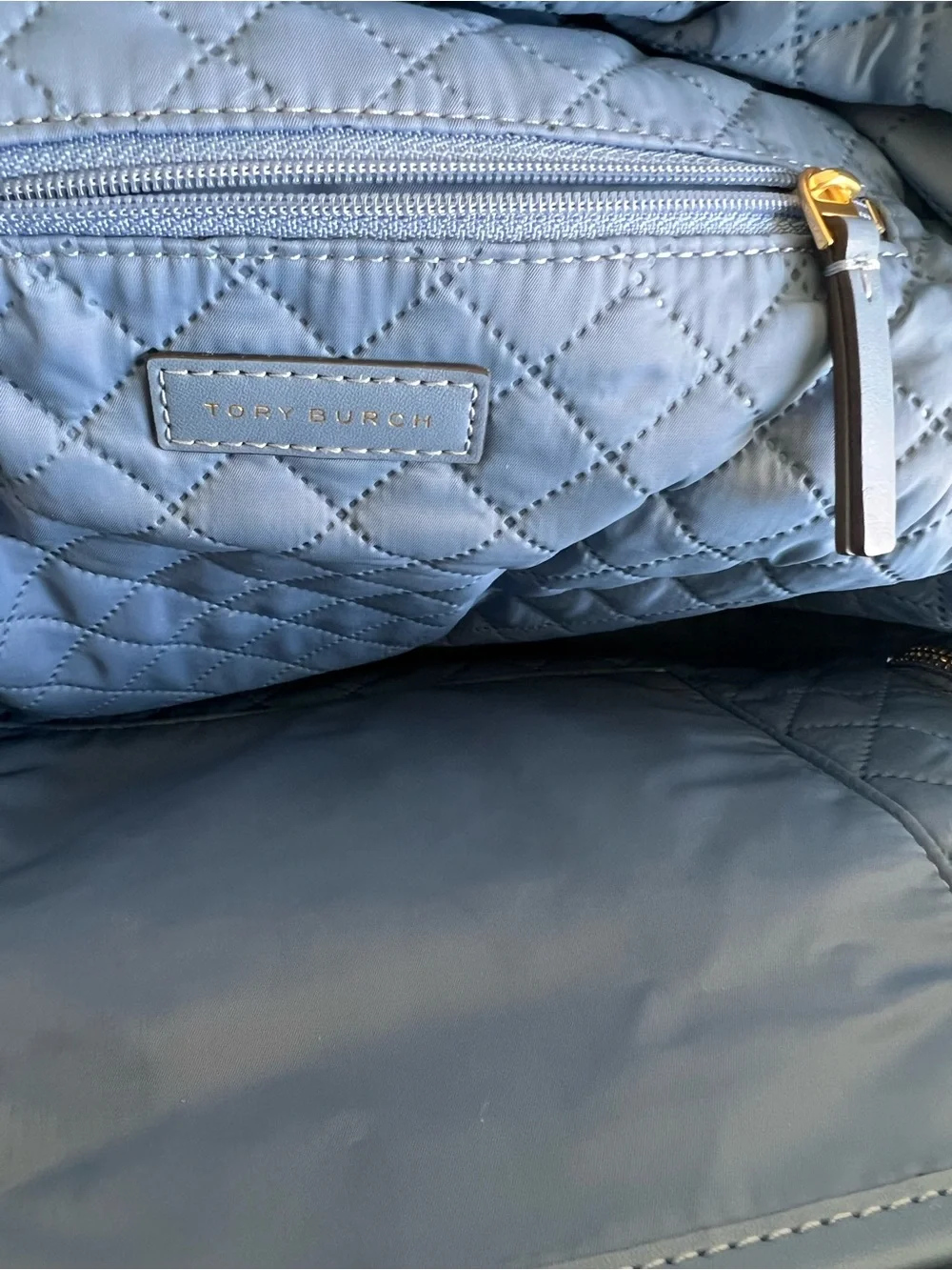 Tory Burch Quilted Blue Backpack with Tan Handles